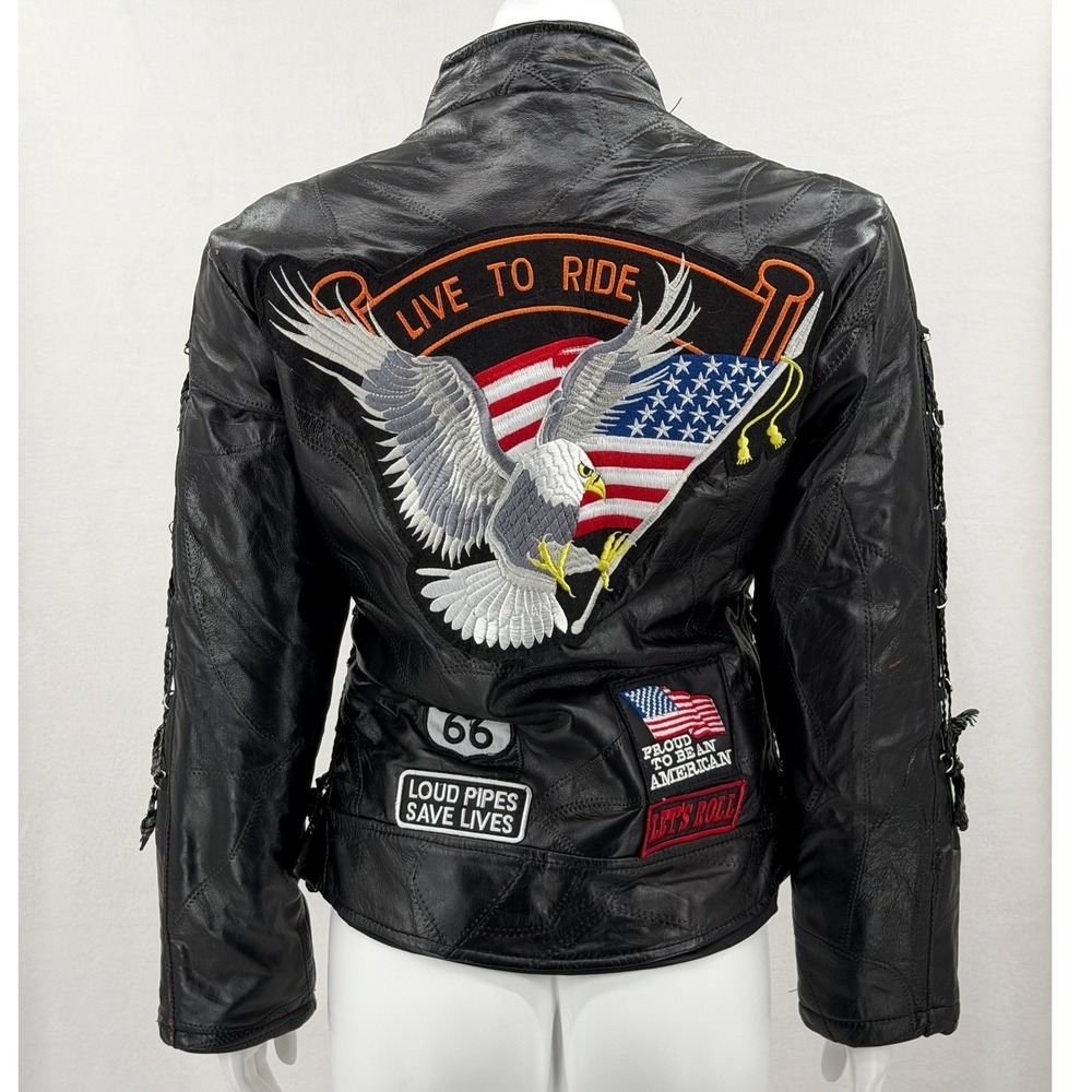 Diamond Plate Jacket Womens Small Black Buffalo Leather Patchwork Biker Moto‎